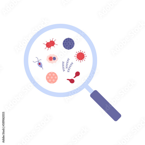 Sexual transmitted disease and virus science concept. Vector flat healthcare illustration. Magnifying glass with various viruses and bacteria symbol. Design for infection awareness month