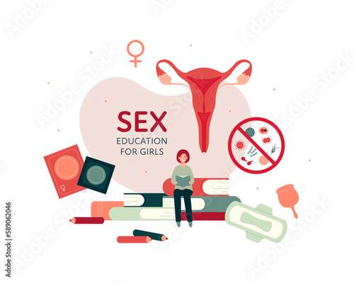 Sex education for girl concept. Vector flat modern illustration. Banner template with female character, vagina, STD infection, condom symbol. Design for education
