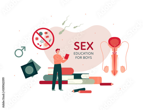 Sex education for boys concept. Vector flat modern illustration. Banner template with male character, penis, STD infection, condom symbol. Design for education