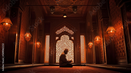 A person praying during Ramadan in a beautiful mosque, generative ai