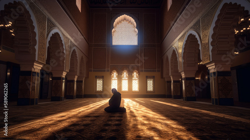 A person praying during Ramadan in a beautiful mosque  generative ai