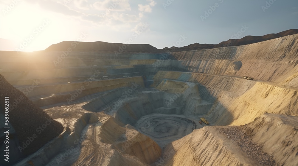 Fototapeta premium Goldmine in the desert, wide angle, hyper realistic
