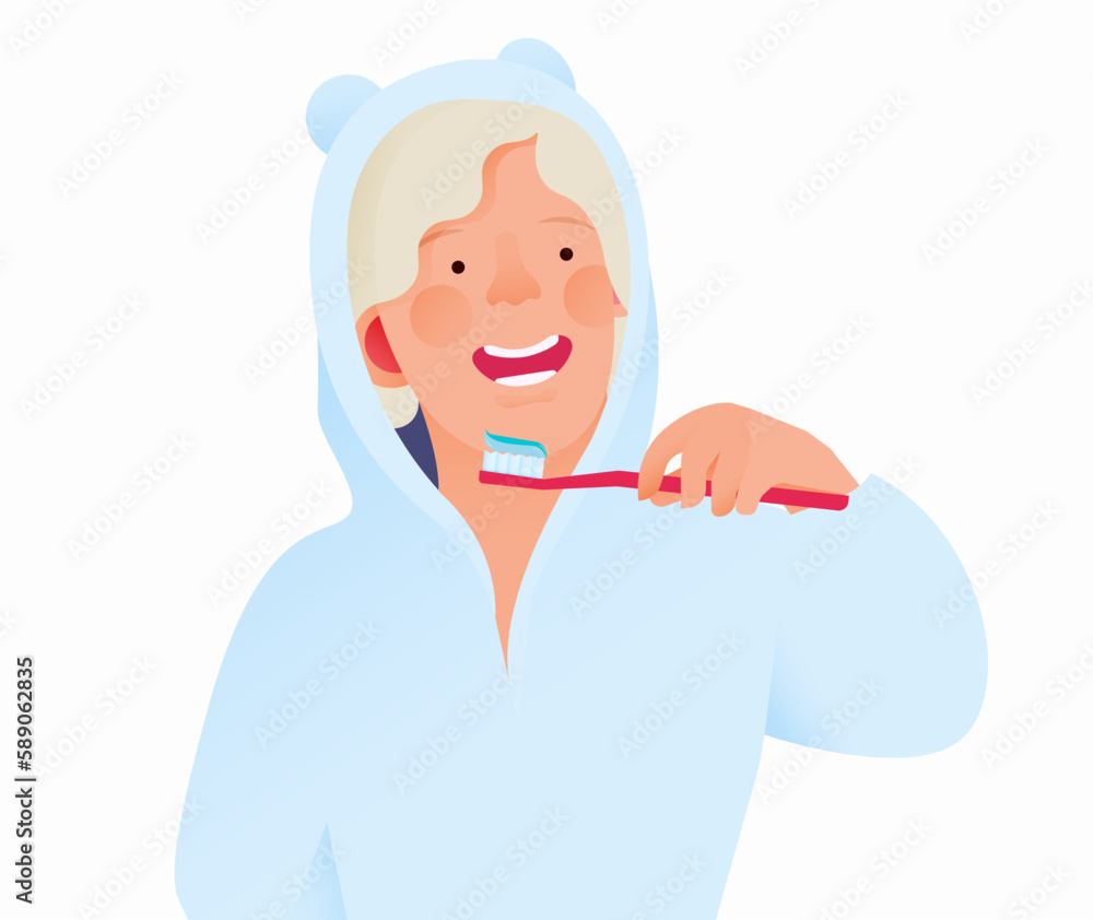 Cropped Happy Smiling Child Brush Teeth Holding Brush with Toothpaste in Bathrobe with Ears. Modern Flat Vector Illustration.