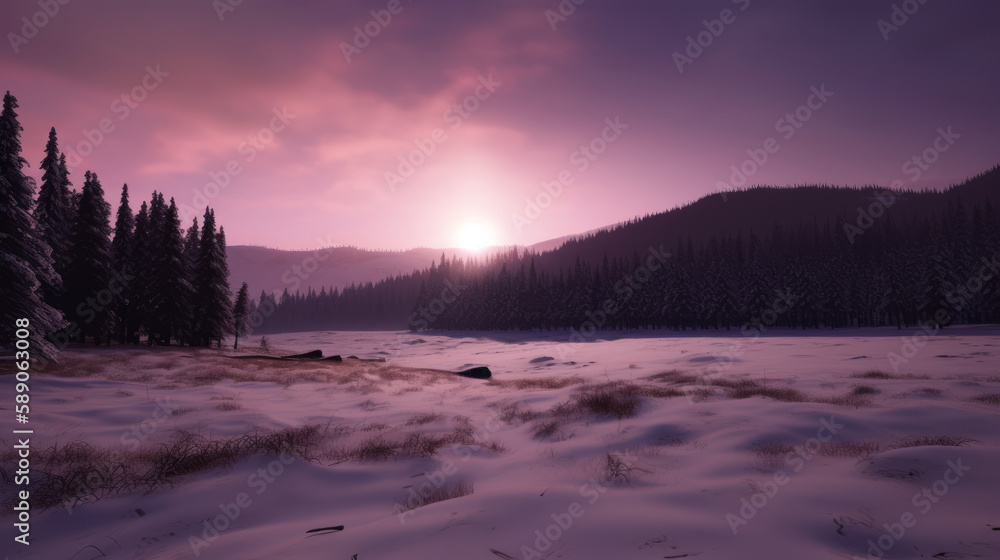 A snowy field surrounded by mountains. generative ai A snowy field surrounded by mountains. generative ai