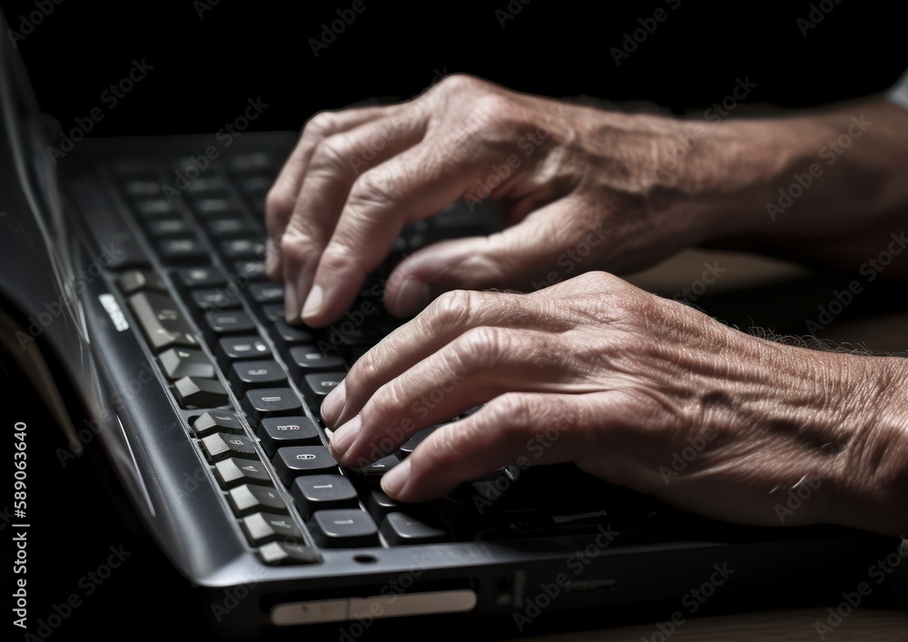 Elderly person typing on a keyboard. Generative AI. Elderly person typing on a keyboard. Generative AI.