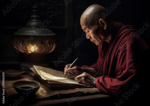Tibetan Monk writing on a notebook and contemplating the Cycles of Samsara. Generative AI. 