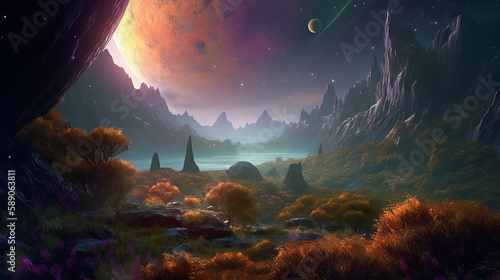 neo futuristic image of alien planet with fantasy planets, generative ai