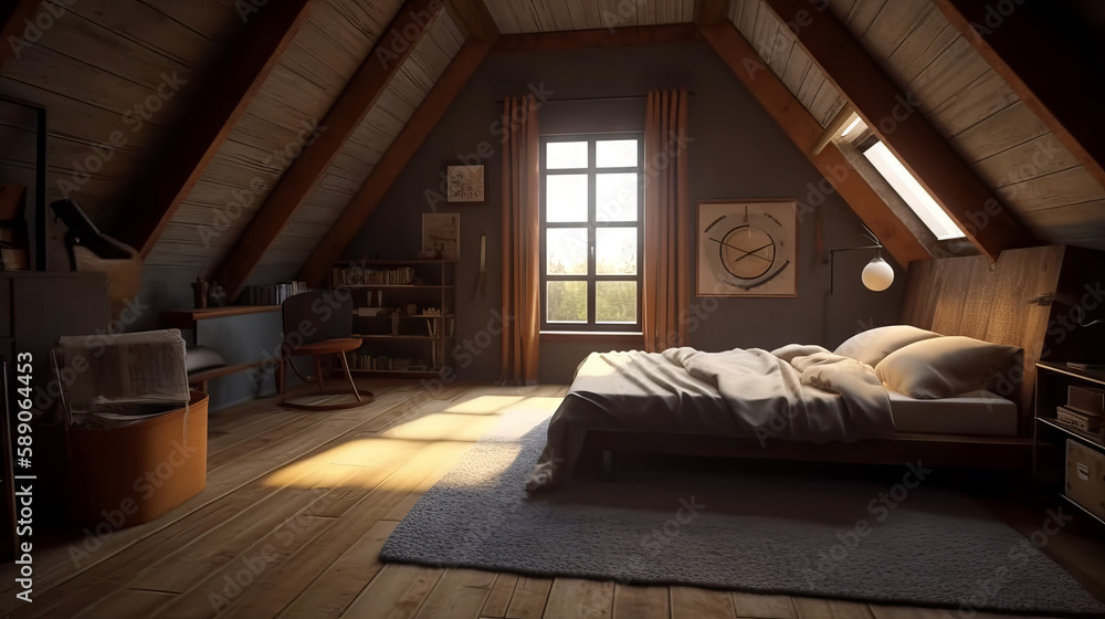 Attic bedroom with a large bed and sun from findow, generative ai Attic bedroom with a large bed and sun from findow, generative ai