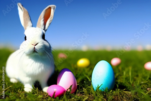 Easter bunny and easter eggs on a meadow, Generative AI  © Besler