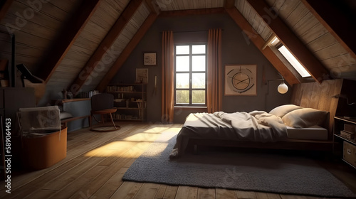 Attic bedroom with a large bed and sun from findow, generative ai © TheGoldTiger