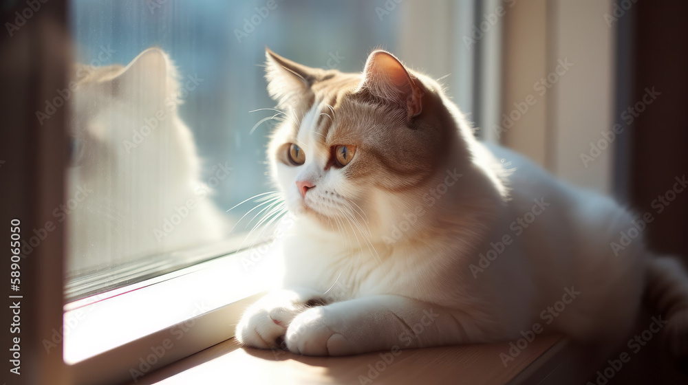 Cute foldeared cat on window with sun from it, generative ai