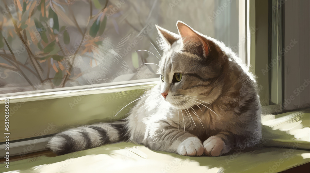 Fototapeta Cute foldeared cat on window with sun from it, generative ai