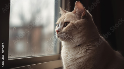 Cute foldeared cat on window with sun from it, generative ai photo