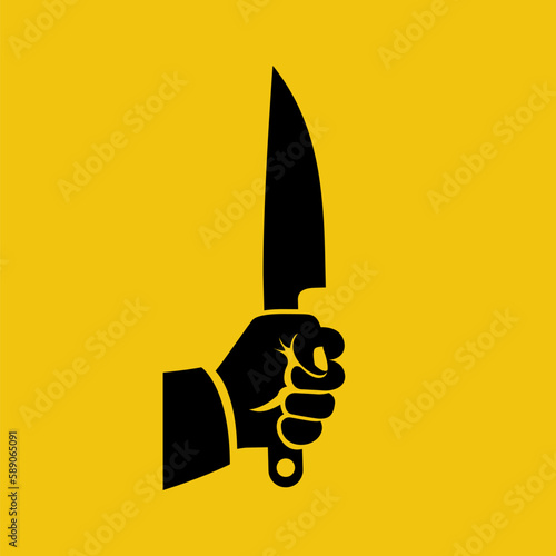 Knife in hand black icon. Man holding a knife. Vector illustration flat design. Isolated on background.