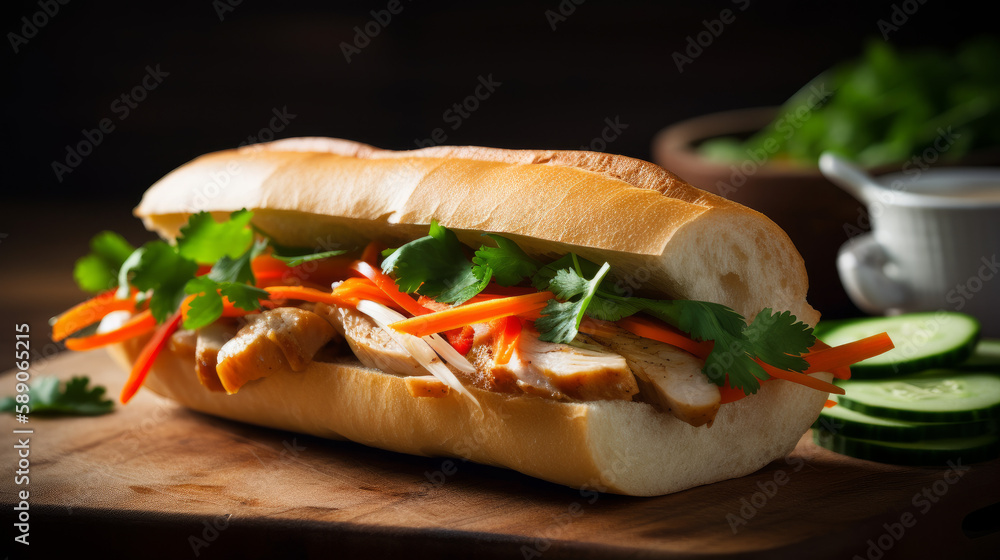 Chicken bahn mi sandwitch in bright natural colors, generative ai Chicken bahn mi sandwitch in bright natural colors, generative ai