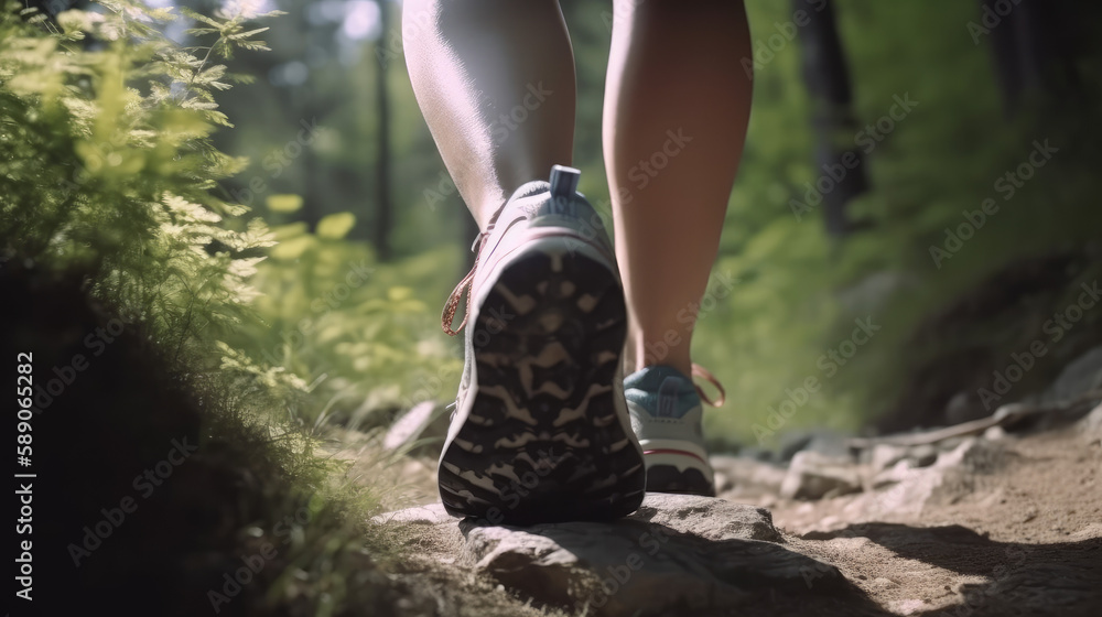 Close up hiking shoes view from behind fitness woman, generative ai