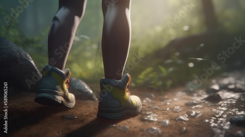 Close up hiking shoes view from behind fitness woman  generative ai