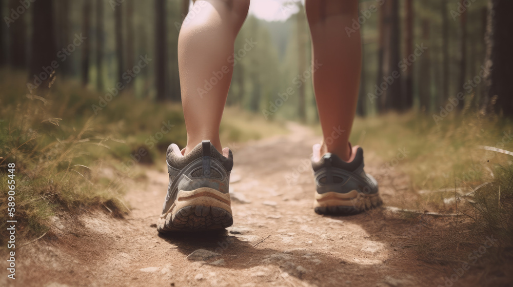 Close up hiking shoes view from behind fitness woman, generative ai