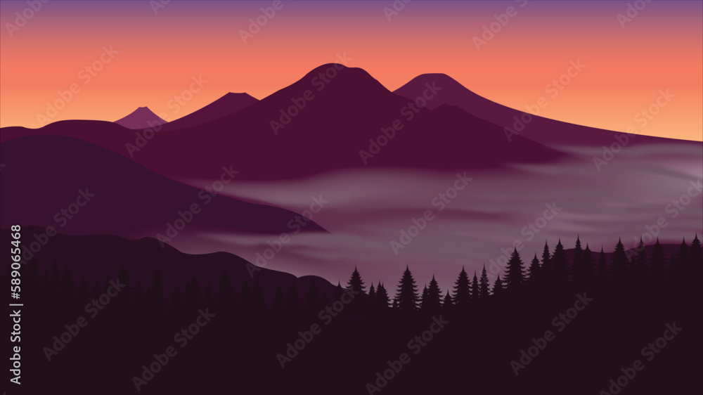 Seamless forest landscape. Colorful silhouette with trees, pines, firs, mountains and hills. Layered background with parallax effect. Flat style vector illustration. Simple cartoon design.