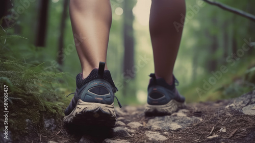 Close up hiking shoes view from behind fitness woman, generative ai