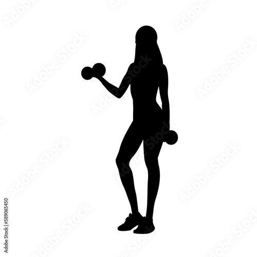 Silhouette of fitness women in sportswear standing and doing a workout with the dumbbells. Workout and sports training concept. Vector illustration