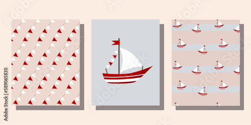Set of postcards and seamless patterns in nautical style. Marine theme in red colors. Children's postcards and backgrounds. Ships, sailboats, flags, compass, lifebuoy, lighthouse
