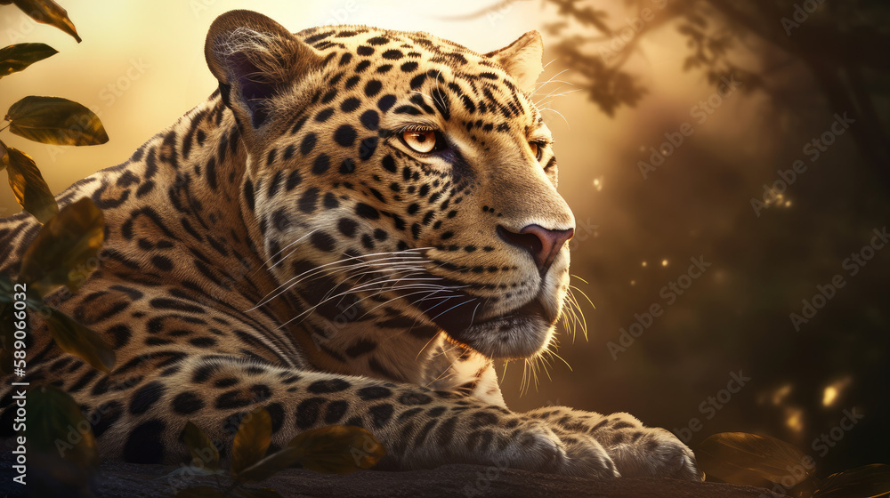 Naklejka premium Jaguar with dramatic lighting in sunset in jungle, generative ai