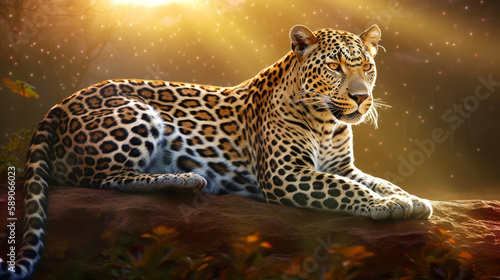 Jaguar with dramatic lighting in sunset in jungle, generative ai