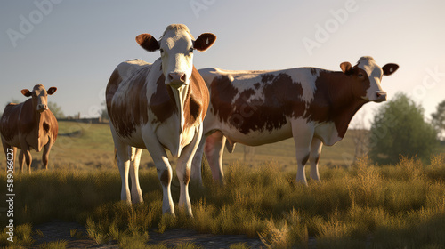 Cows on meadow in sunny day, generative ai