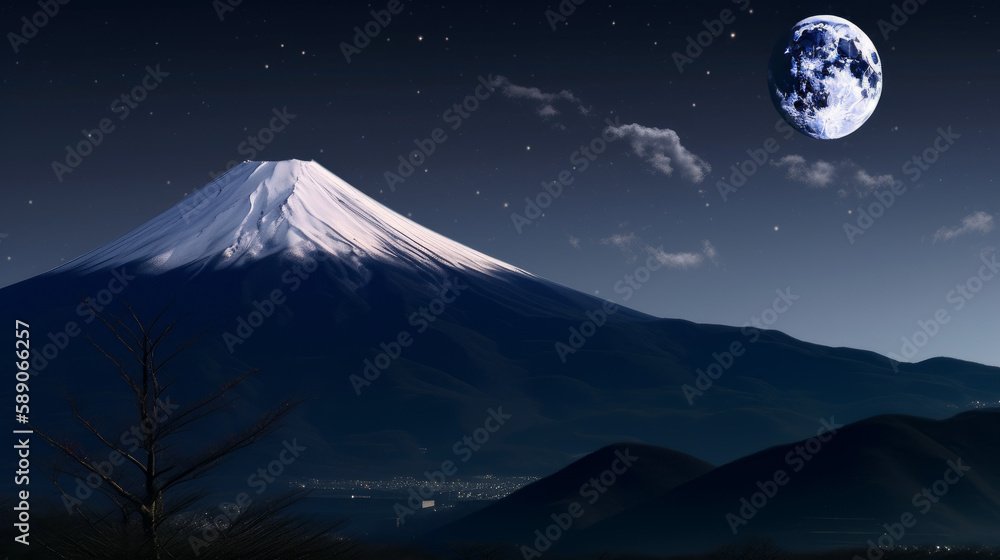 Crescent moon over Mount Fuji in japan, generative ai