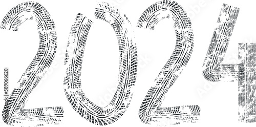 Tyre track numbers . Grunge texture . Screen print . Vector tire track alphabet numbers. Car tread silhouette . Tyre print .Wheel tire track. Traces of tires.Happy new year