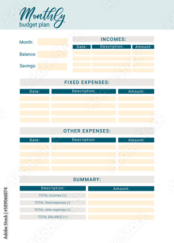 Printable personal monthly budget planner, vector illustration