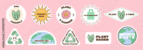 Trendy environmental quotes and symbols in retro style. Sticker pack save the planet. Earth Day collection of badges, logo or labels. Vintage eco green funny vector illustration.
