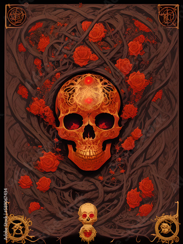 Tarot card with skulls  vines and roses - poster design - the death - generative ai generativ ki - digital painting - death card - human skull wrapped in vines with ornate border - ink - mortality
