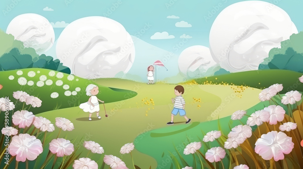 Field of white flowers with utopic background and white clouds, generative ai