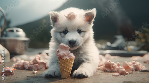 Fluffy baby puppy eating an ice cream with his noce covered of cream  generative ai