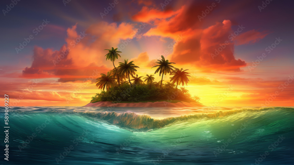 Image of tropical island with coconut palm trees and sunset behind it with orange clouds, generative ai