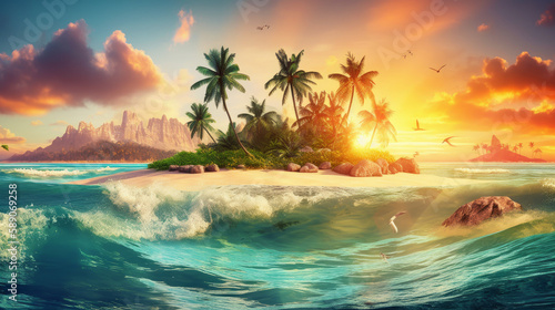Image of tropical island with coconut palm trees and sunset behind it with orange clouds  generative ai