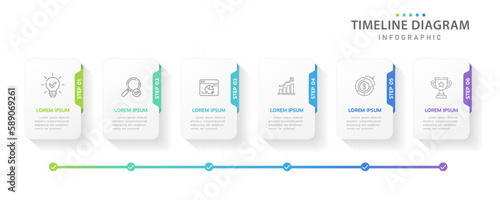 Infographic template for business. 6 Steps Modern Timeline diagram roadmap with rectangle topics, presentation vector infographic.