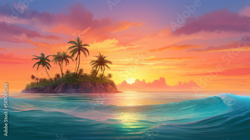 Image of tropical island with coconut palm trees and sunset behind it with orange clouds  generative ai