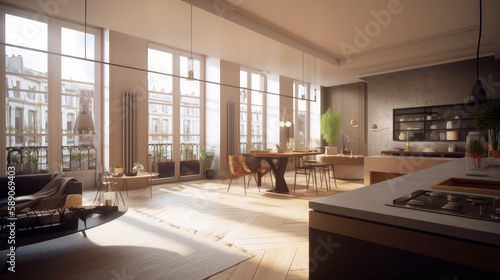 Interior of modern kitchen with a lot of light  generative ai