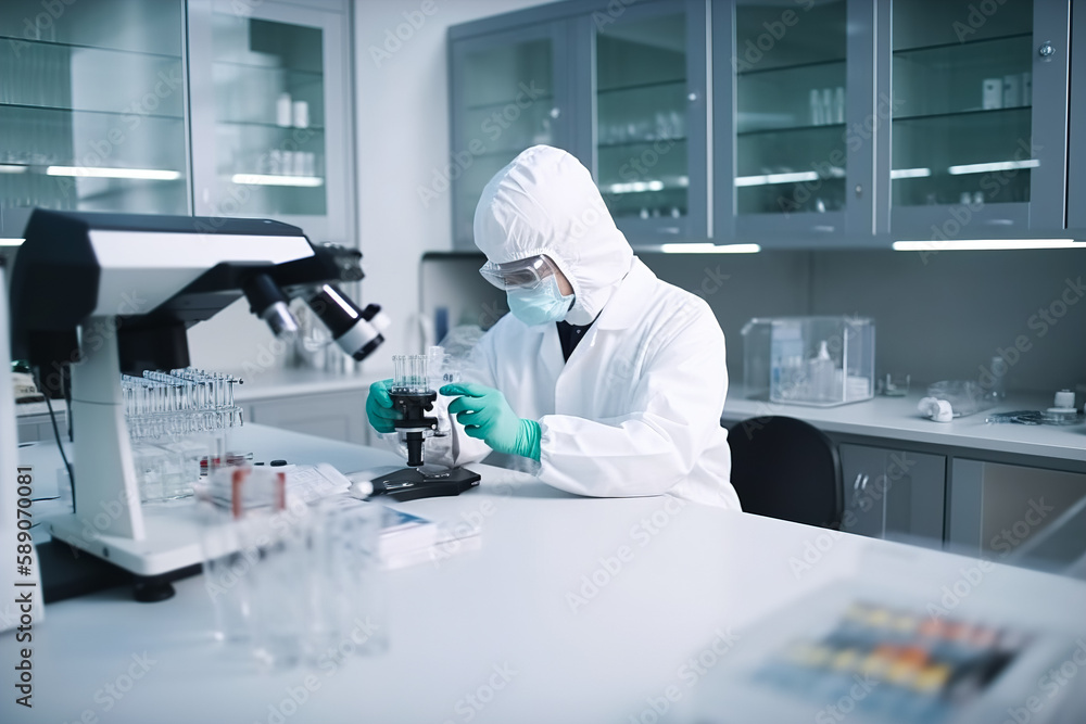 A young man, a laboratory technician wearing a lab coat and glasses working at a microscope, looking for a medicine and examining samples in the laboratory. Generative ai A young man, a laboratory technician wearing a lab coat and glasses working at a microscope, looking for a medicine and examining samples in the laboratory. Generative ai