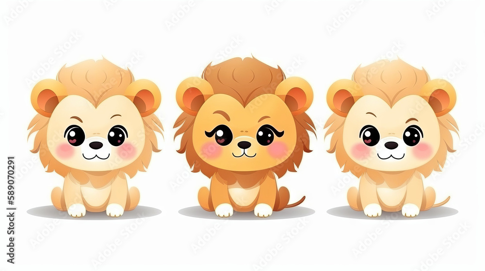 Obraz premium Kawaii lion vectorial on white background, generative ai