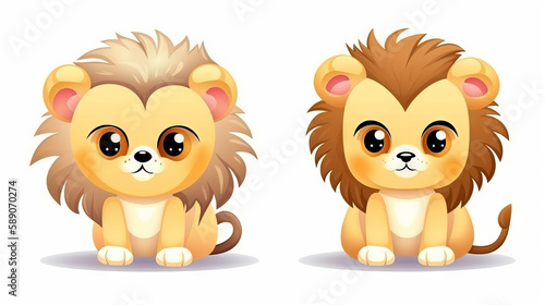 Kawaii lion vectorial on white background, generative ai © TheGoldTiger