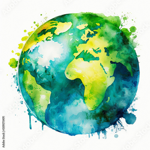 Fototapeta Naklejka Na Ścianę i Meble -  World earth day, planet Earth colored watercolor illustration Ecology and nature life. Generative Ai
