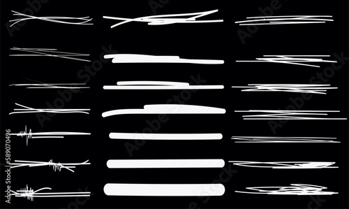 Stock illustration isolated on black background. Vector set of highlight lines and underlines. Collection of hand drawn strikethrough graphic marker elements.