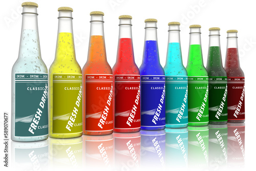 Bottiglie bibite rinfrescanti colorate su sfondo bianco. photo