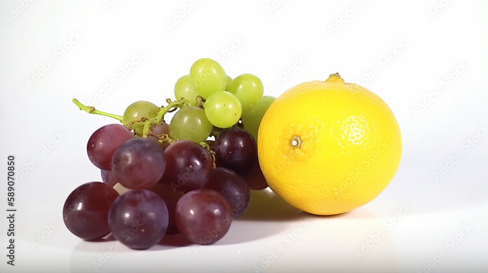 Lemon and grape on top of each other on white background, generative ai