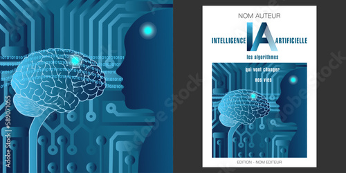 illustration + couverture de livre scientifique sur l’IA - un cerveau comme un extraterrestre face à face avec une silhouette humaine - texte français - traduction : intelligence artificielle.