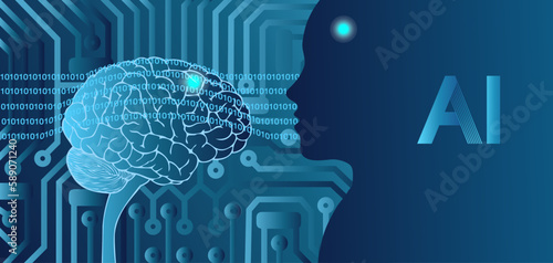 Bannière sur le thème scientifique de l’intelligence artificielle avec un cerveau dessiné comme un extraterrestre face à face avec une silhouette humaine sur un fond de circuit informatique. 